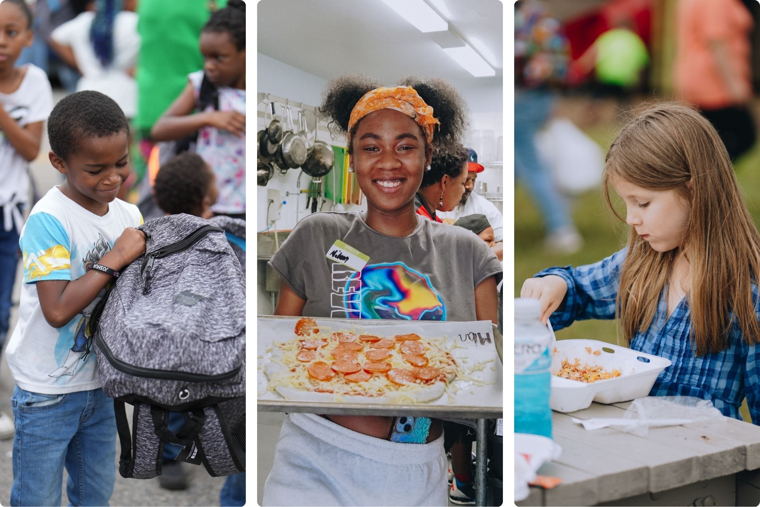 A gallery of kids and youth receiving backpacks, hot meals, and cooking classes.
