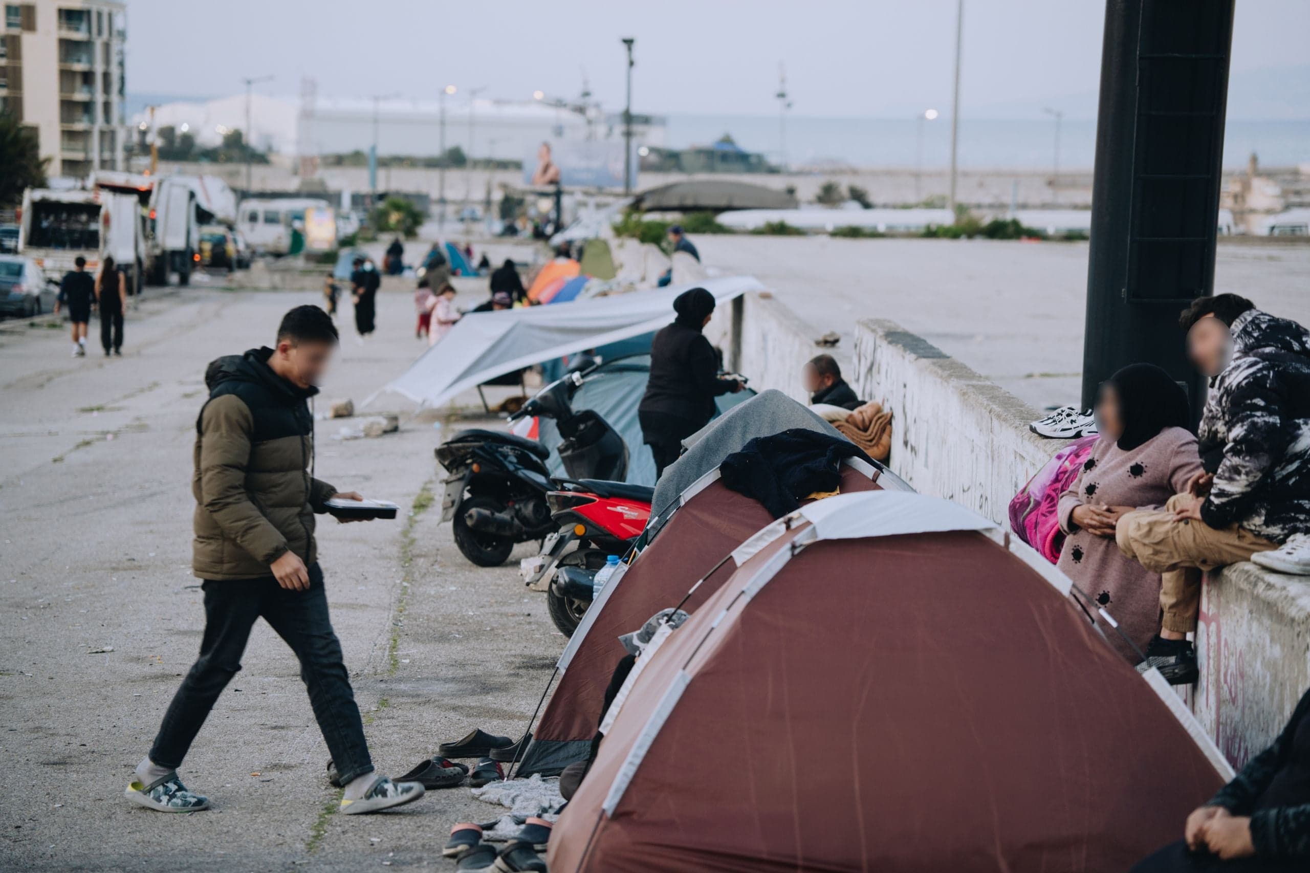 Refugees fleeing war living in tents in Beirut, Lebanon.